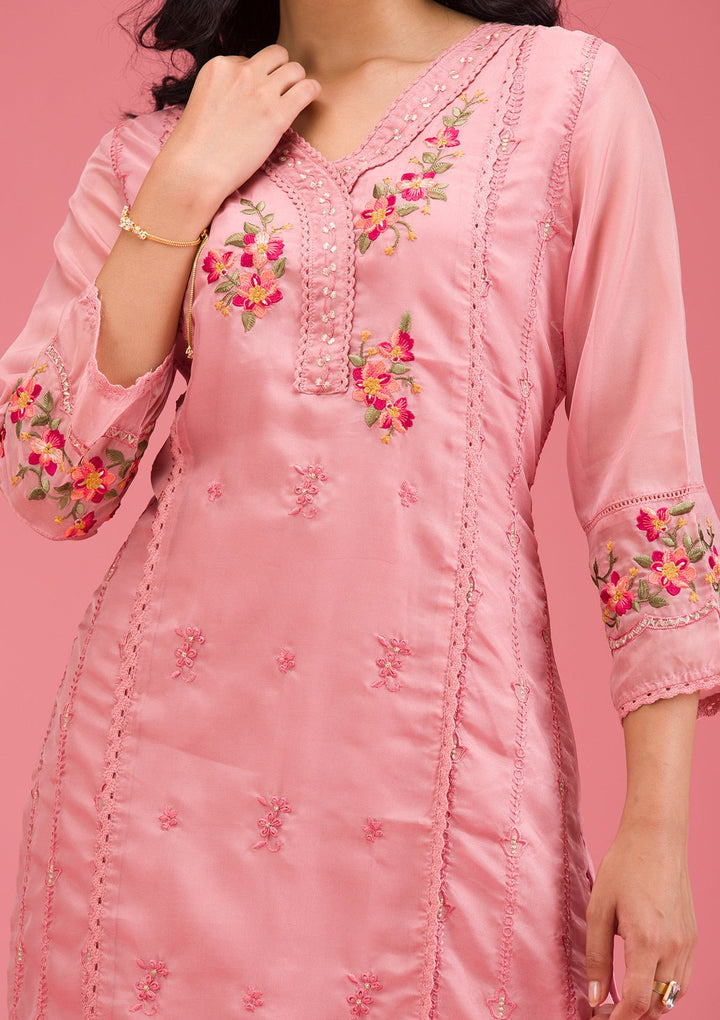Onion Pink Threadwork Crepe Readymade Salwar Suit-koskii