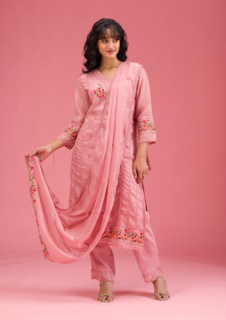 Onion Pink Threadwork Crepe Readymade Salwar Suit-koskii