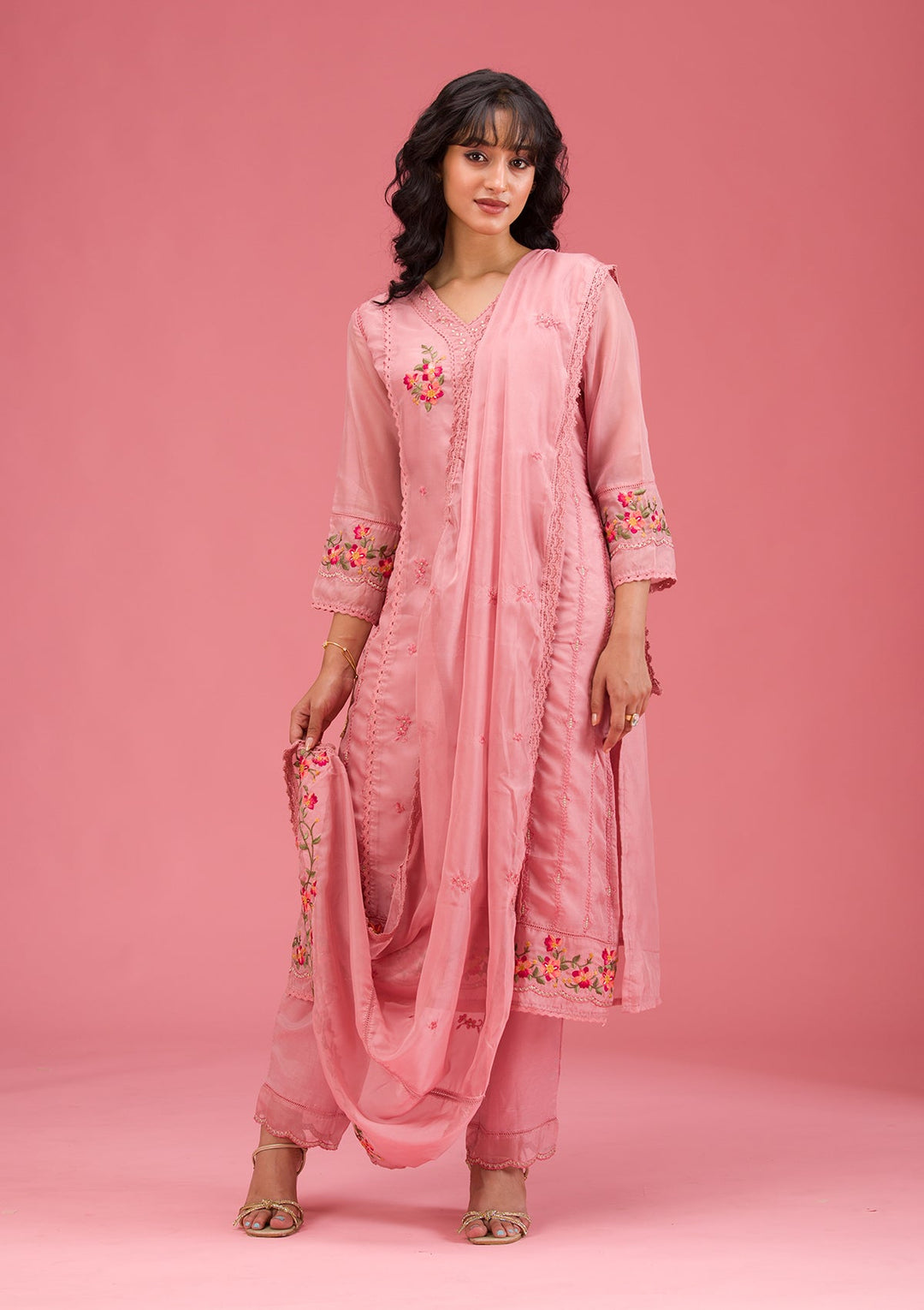 Onion Pink Threadwork Crepe Readymade Salwar Suit-koskii