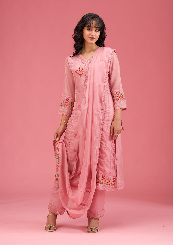 Onion Pink Threadwork Crepe Readymade Salwar Suit-koskii