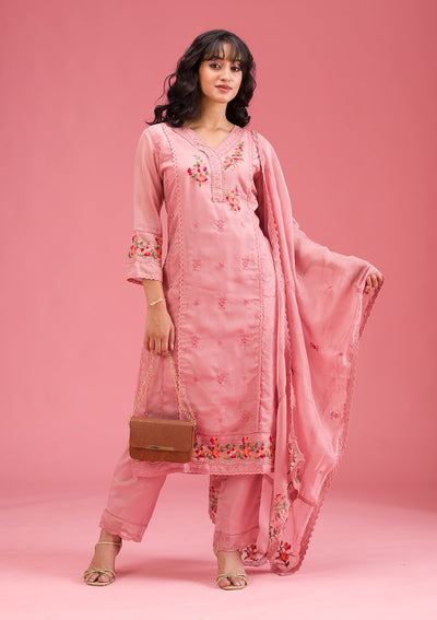 Onion Pink Threadwork Crepe Readymade Salwar Suit-koskii