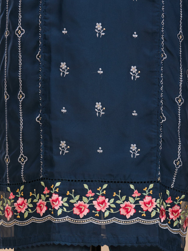 Navy Blue Threadwork Chanderi Readymade Salwar Suit