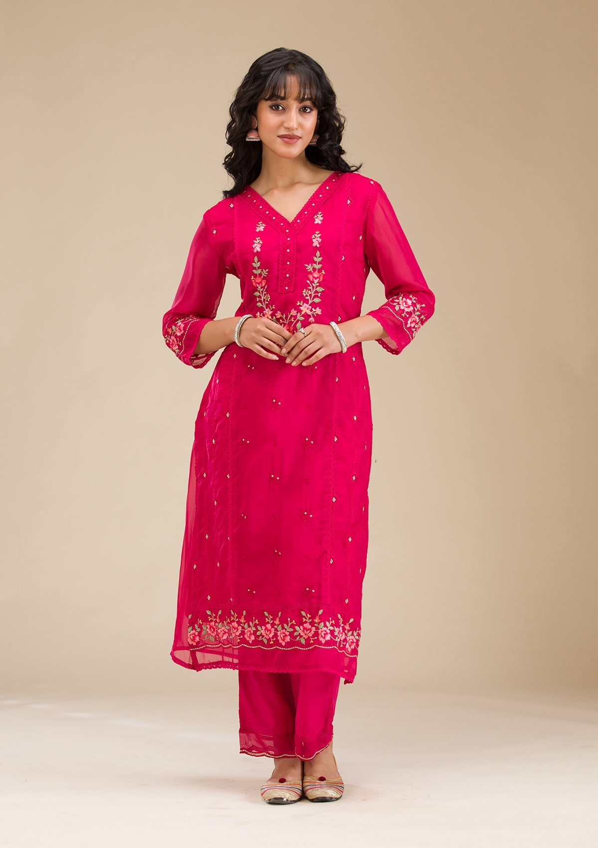 Rani Pink Threadwork Crepe Readymade Salwar Suit-koskii