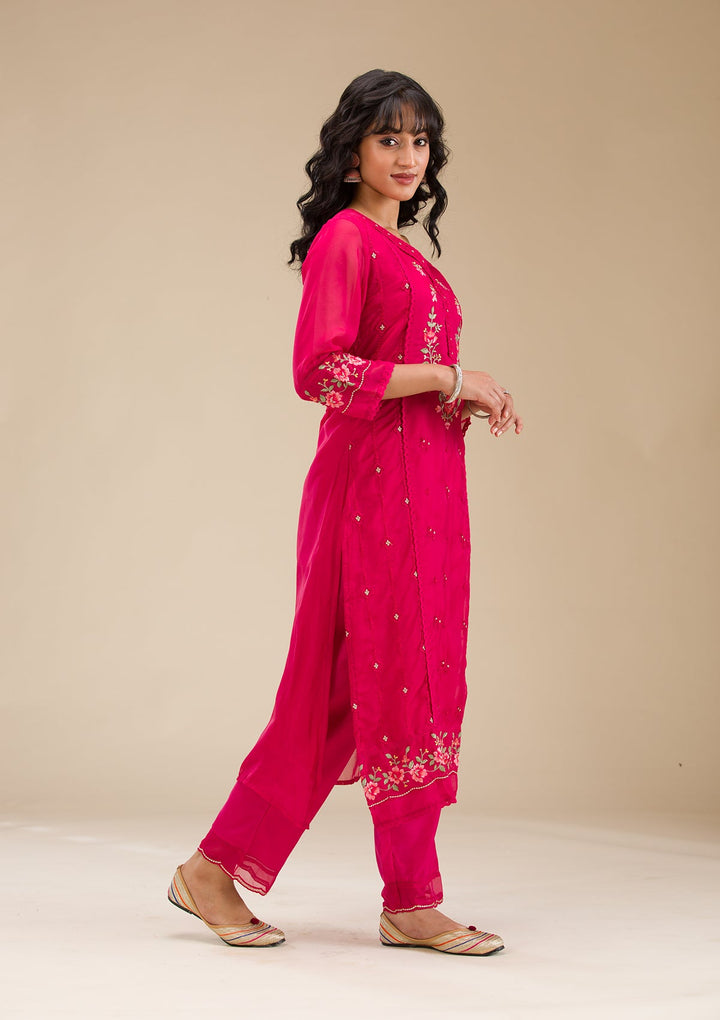 Rani Pink Threadwork Crepe Readymade Salwar Suit-koskii