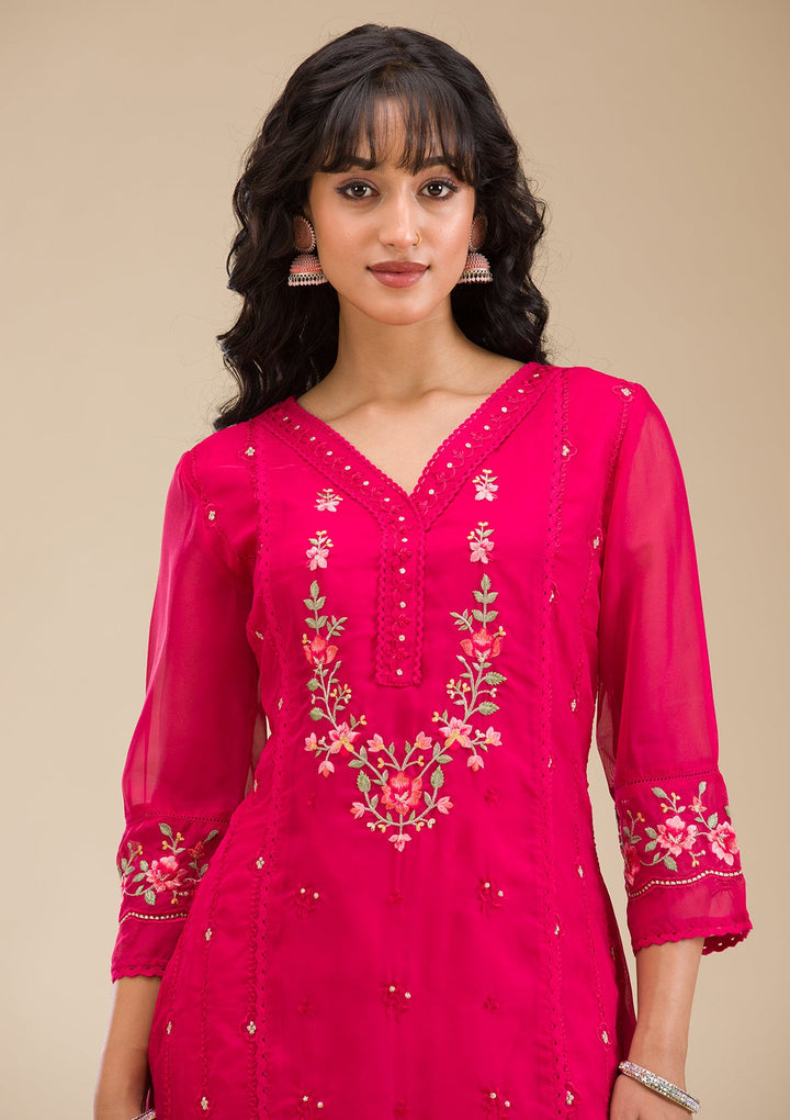 Rani Pink Threadwork Crepe Readymade Salwar Suit-koskii