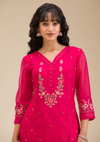 Rani Pink Threadwork Crepe Readymade Salwar Suit-koskii
