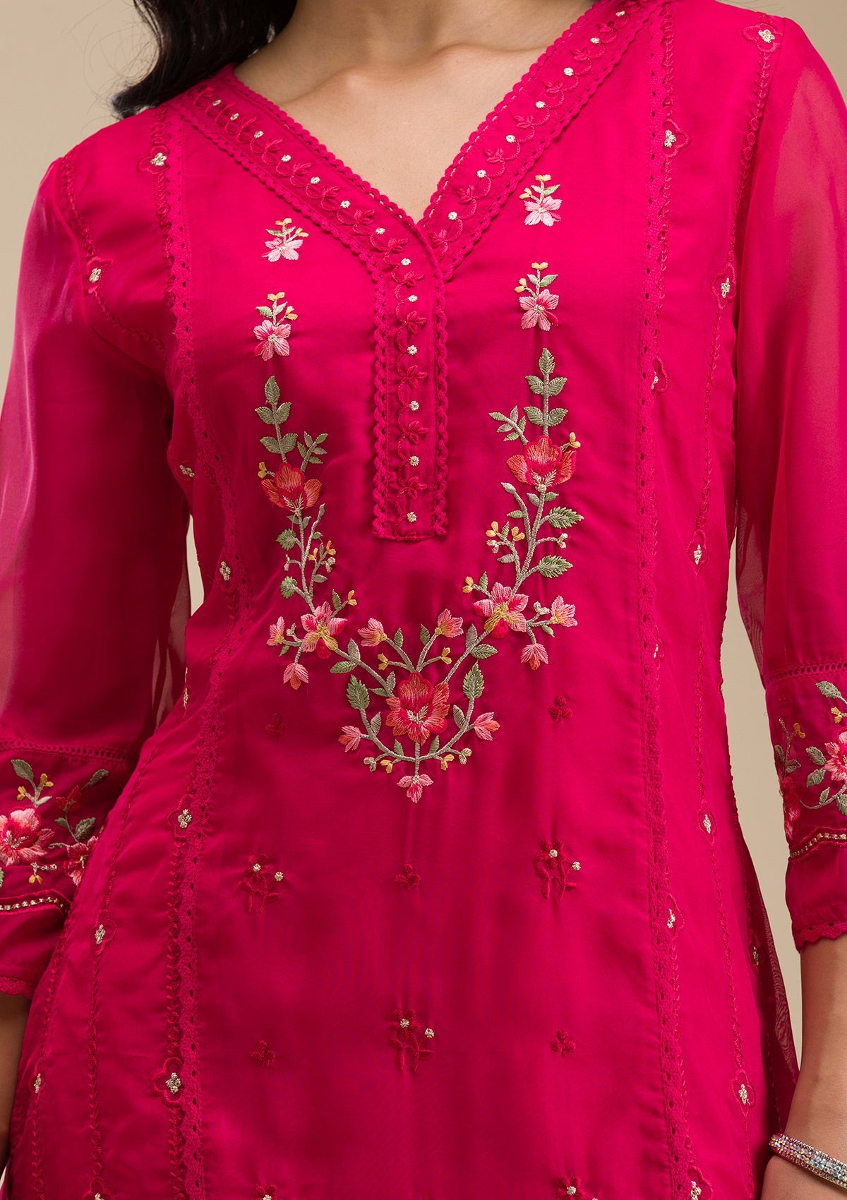 Rani Pink Threadwork Crepe Readymade Salwar Suit-koskii