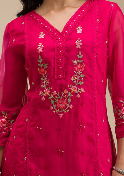 Rani Pink Threadwork Crepe Readymade Salwar Suit-koskii