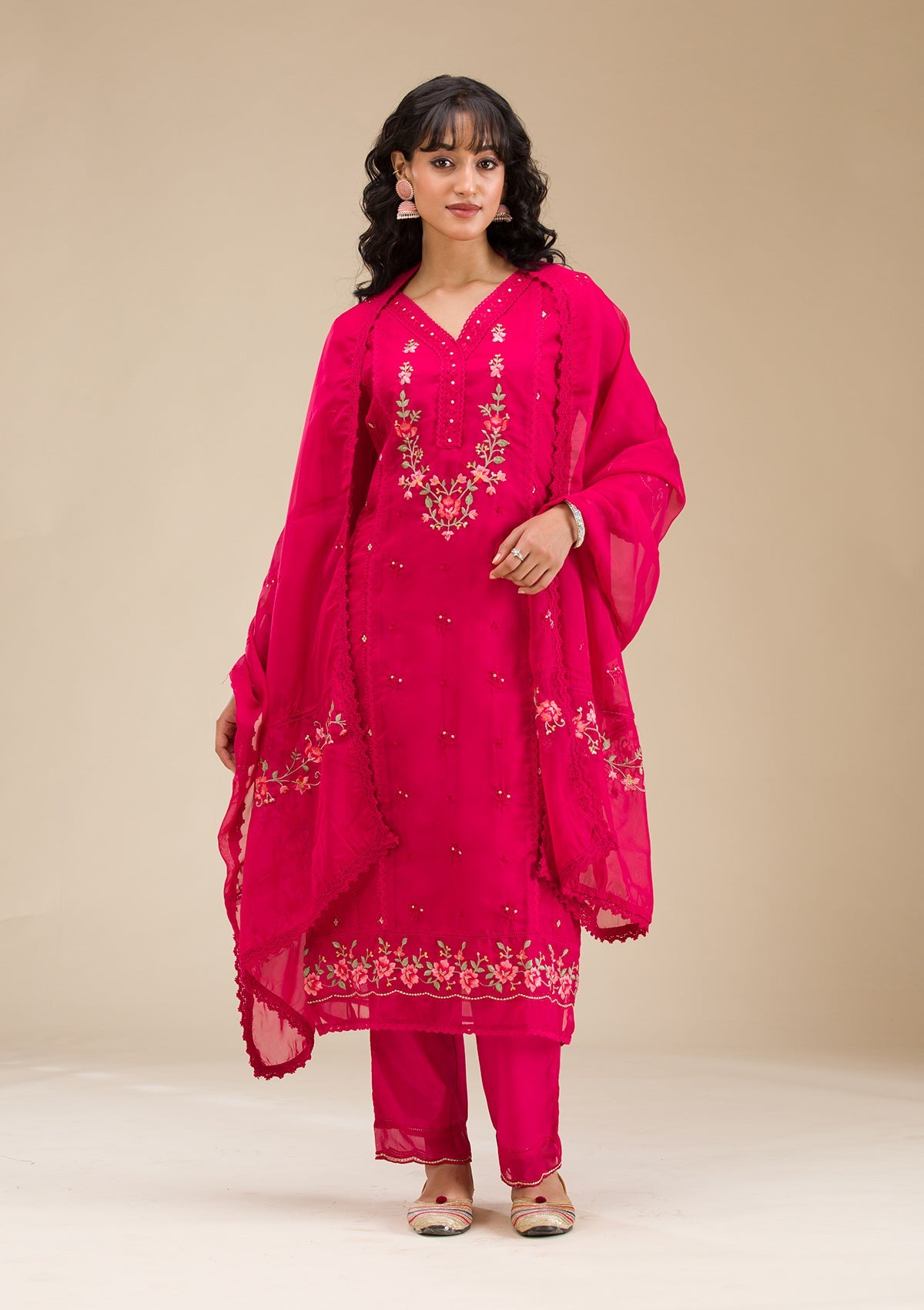 Rani Pink Threadwork Crepe Readymade Salwar Suit-koskii