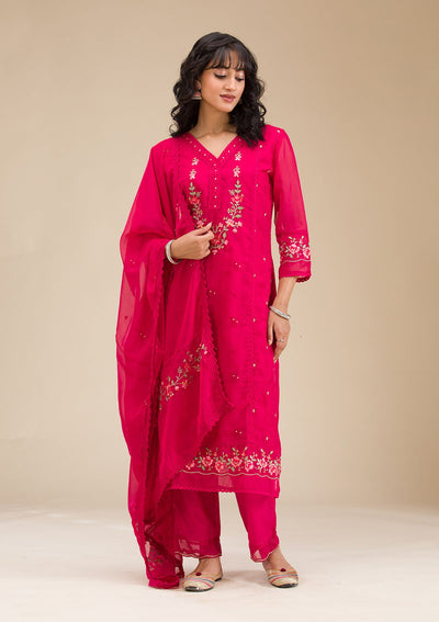Rani Pink Threadwork Crepe Readymade Salwar Suit-koskii