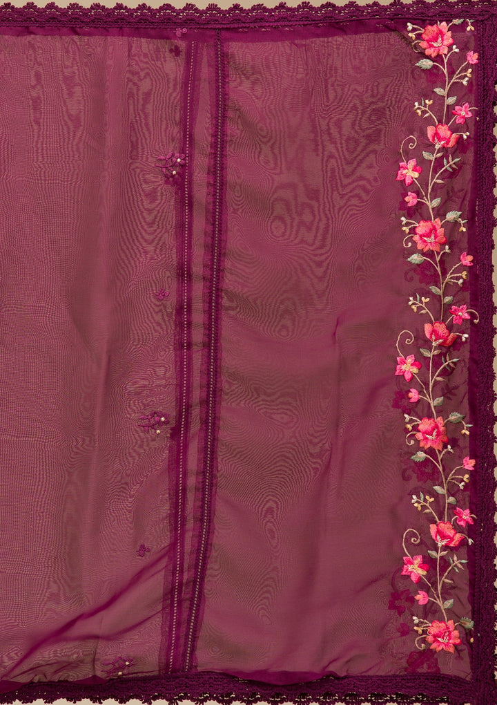 Wine Threadwork Crepe Readymade Salwar Suit-koskii