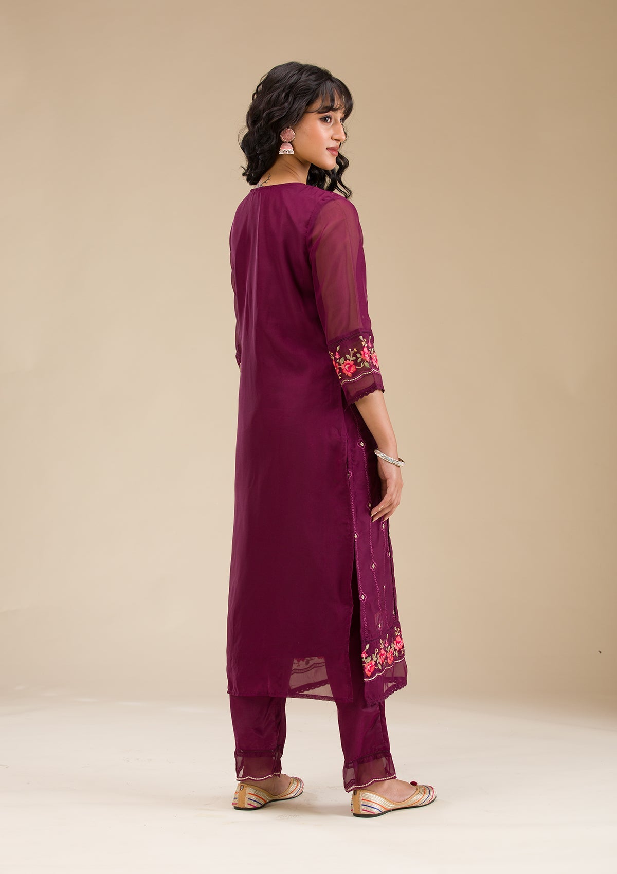 Wine Threadwork Crepe Readymade Salwar Suit-koskii