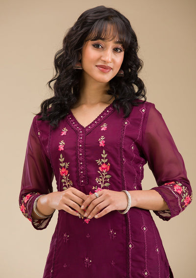 Wine Threadwork Crepe Readymade Salwar Suit-koskii