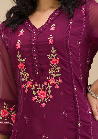 Wine Threadwork Crepe Readymade Salwar Suit-koskii