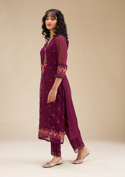 Wine Threadwork Crepe Readymade Salwar Suit-koskii