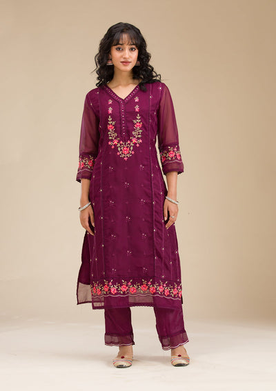 Wine Threadwork Crepe Readymade Salwar Suit-koskii