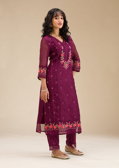 Wine Threadwork Crepe Readymade Salwar Suit-koskii