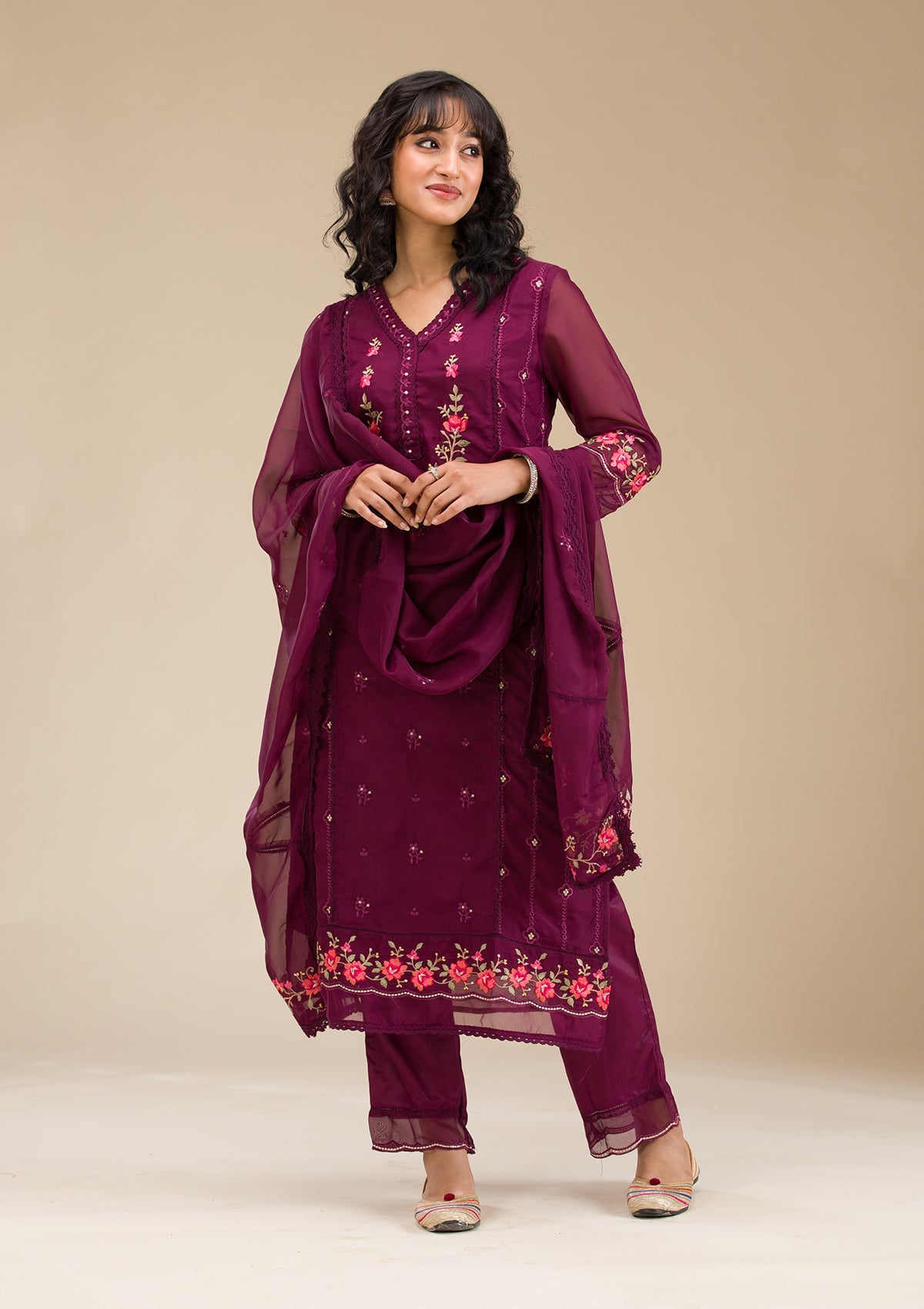 Wine Threadwork Crepe Readymade Salwar Suit-koskii