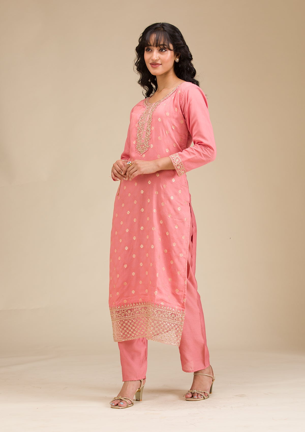 Peach Cording Chanderi Readymade Salwar Suit-koskii
