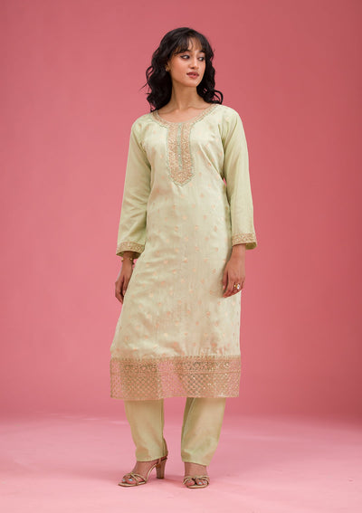 Pista Green Cording Chanderi Readymade Salwar Suit-koskii