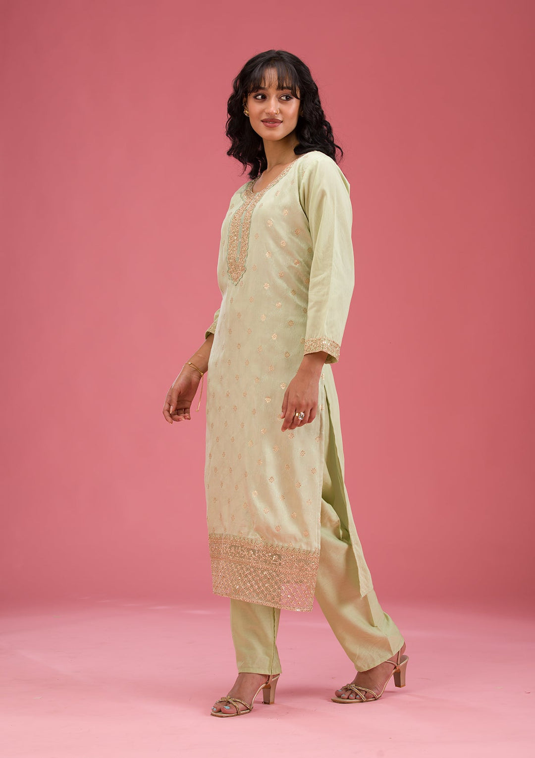Pista Green Cording Chanderi Readymade Salwar Suit-koskii