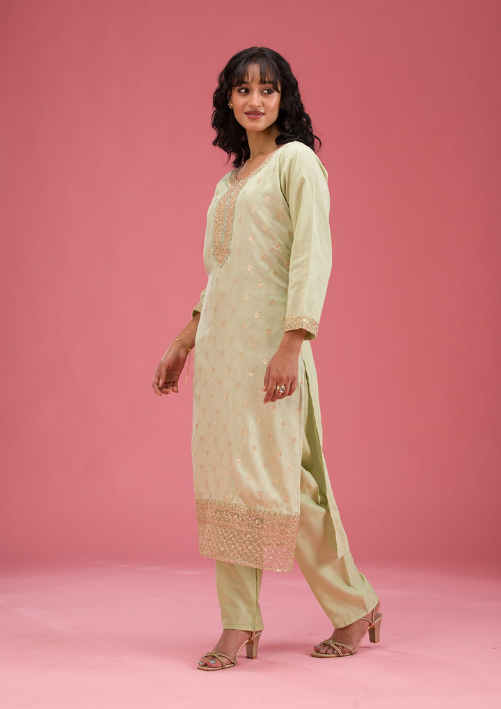 Pista Green Cording Chanderi Readymade Salwar Suit-koskii