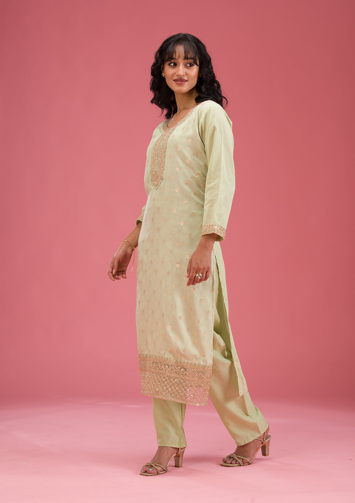 Pista Green Cording Chanderi Readymade Salwar Suit-koskii