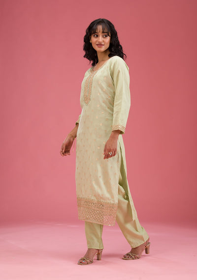 Pista Green Cording Chanderi Readymade Salwar Suit-koskii