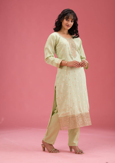 Pista Green Cording Chanderi Readymade Salwar Suit-koskii