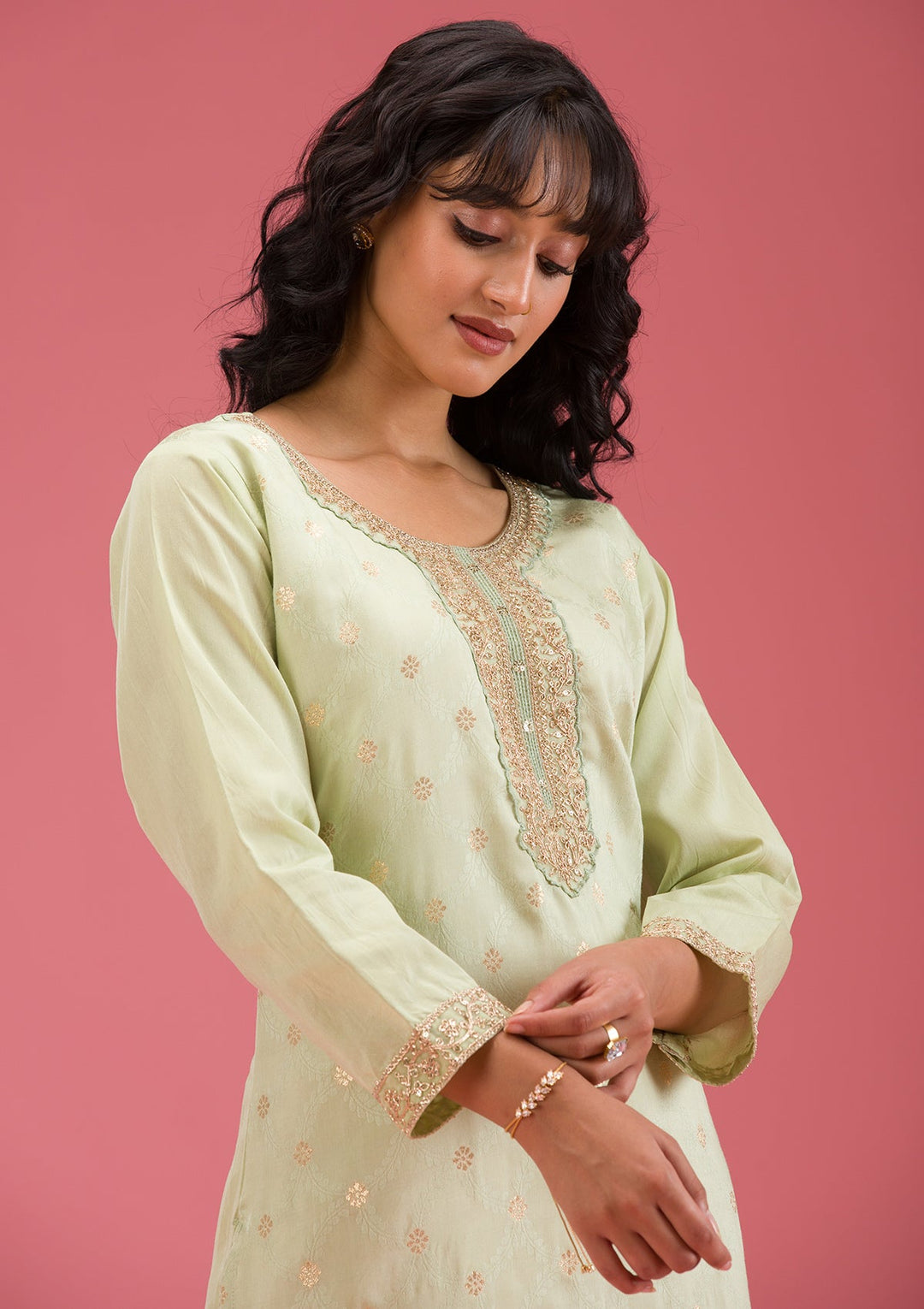 Pista Green Cording Chanderi Readymade Salwar Suit-koskii