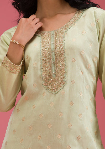 Pista Green Cording Chanderi Readymade Salwar Suit-koskii