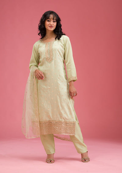 Pista Green Cording Chanderi Readymade Salwar Suit-koskii