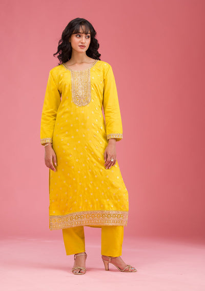 Yellow Cording Chanderi Readymade Salwar Suit-koskii