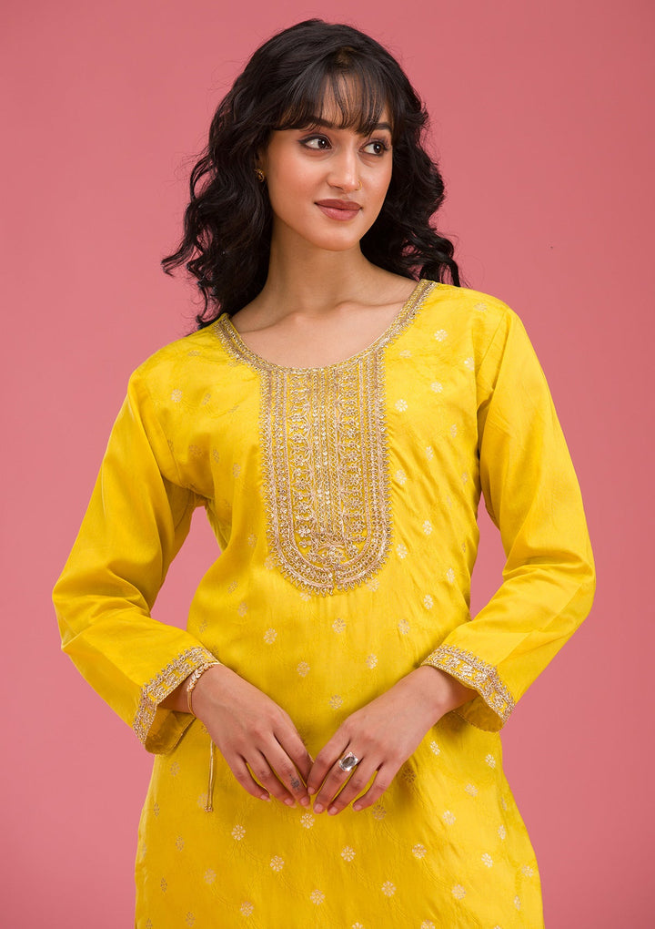 Yellow Cording Chanderi Readymade Salwar Suit-koskii