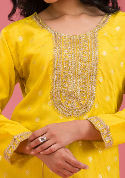 Yellow Cording Chanderi Readymade Salwar Suit-koskii