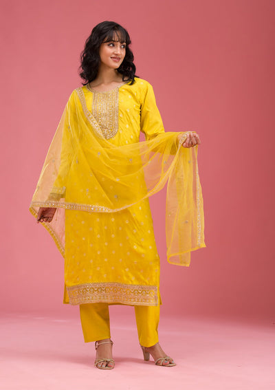 Yellow Cording Chanderi Readymade Salwar Suit-koskii