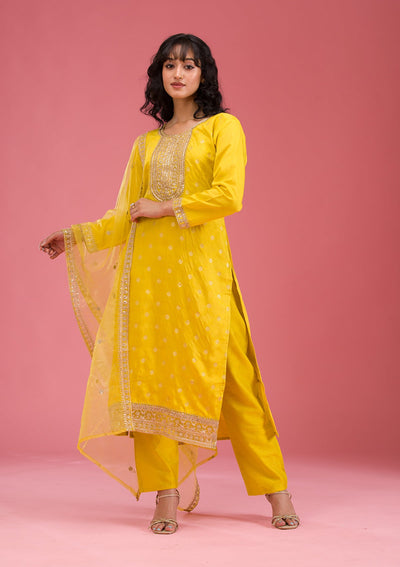 Yellow Cording Chanderi Readymade Salwar Suit-koskii