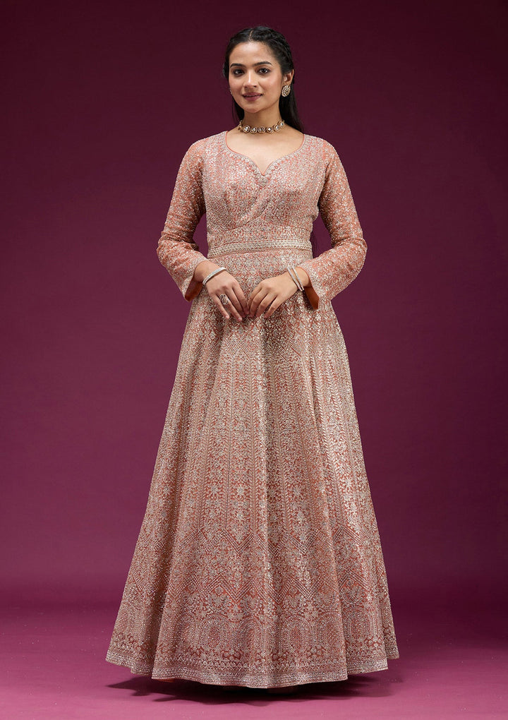 Orange Zariwork (Gold) Net Readymade Anarkali Suit-koskii