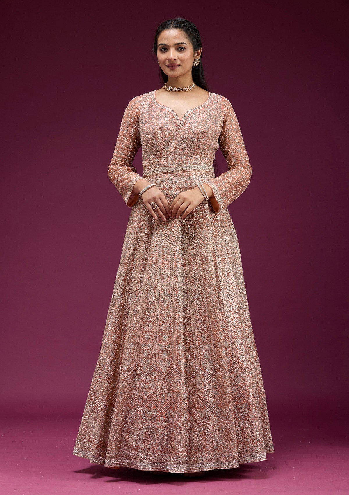 Orange Zariwork (Gold) Net Readymade Anarkali Suit-koskii