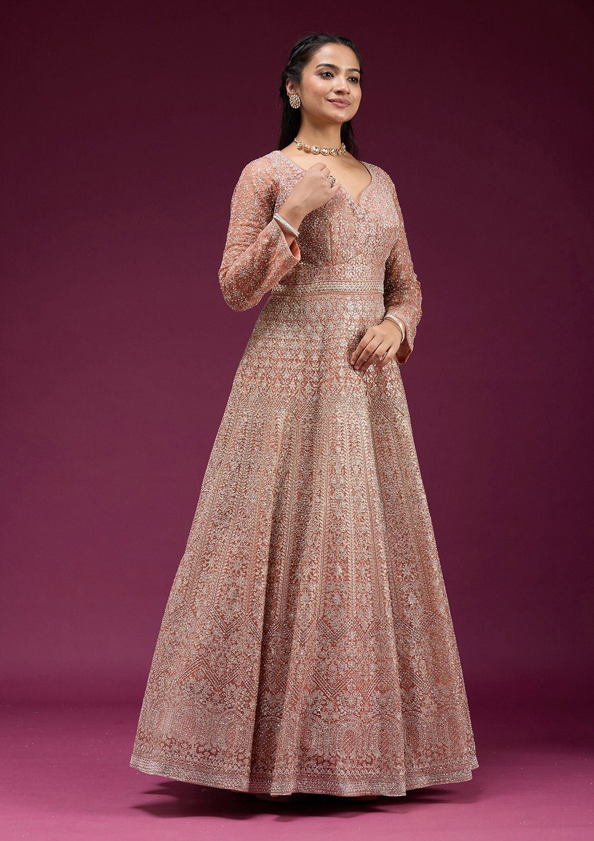 Orange Zariwork (Gold) Net Readymade Anarkali Suit-koskii