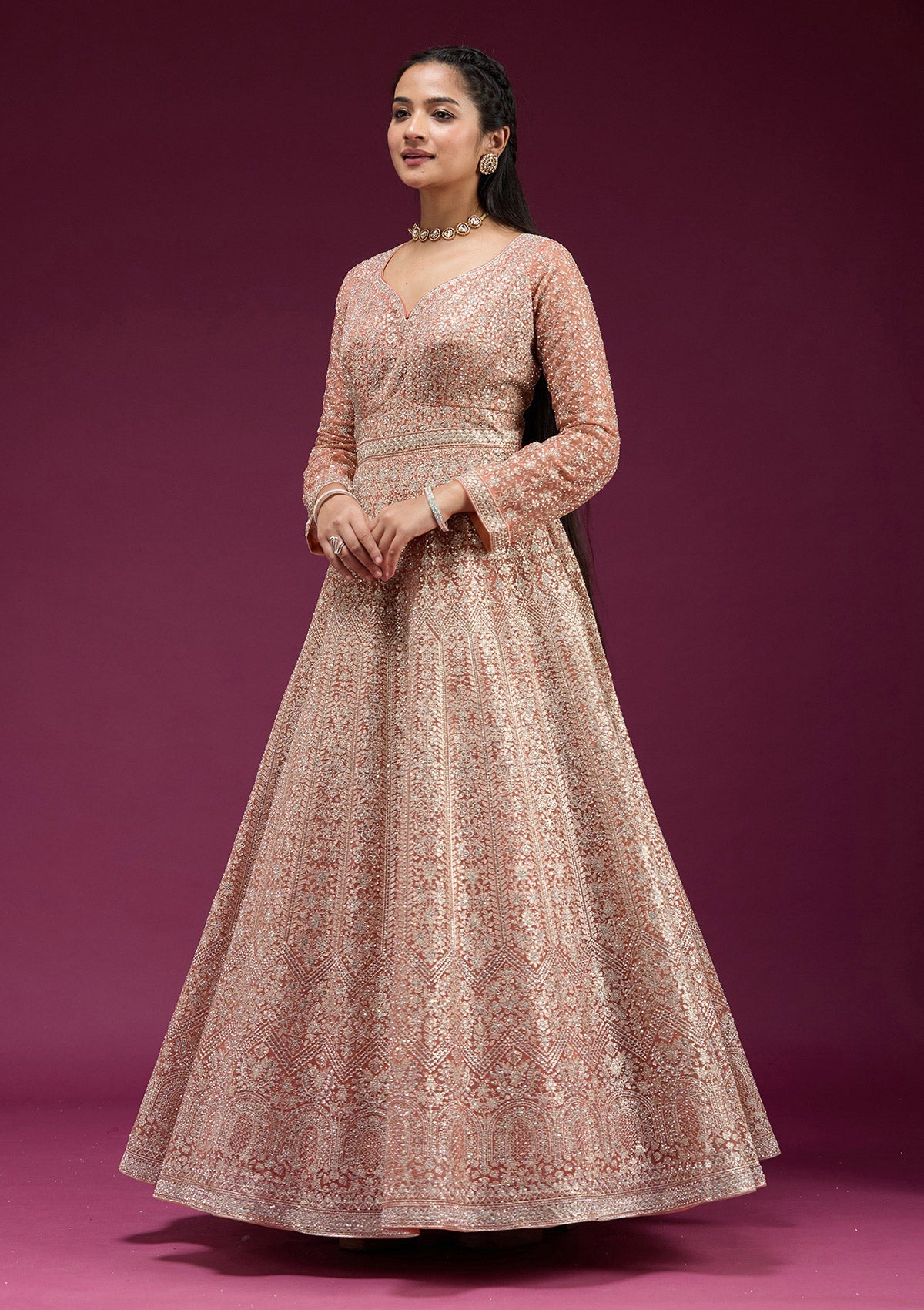Orange Zariwork (Gold) Net Readymade Anarkali Suit-koskii