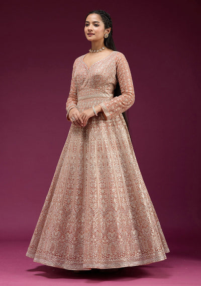 Orange Zariwork (Gold) Net Readymade Anarkali Suit-koskii