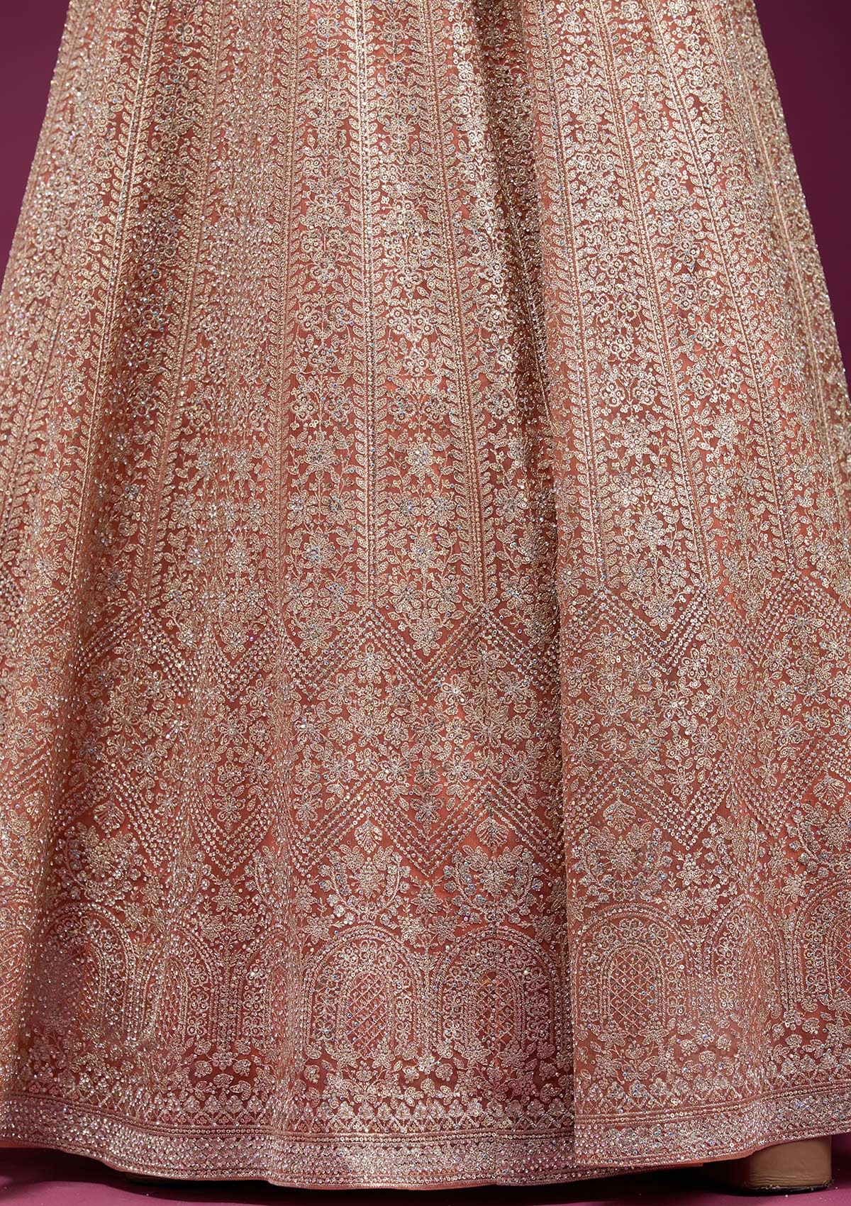Orange Zariwork (Gold) Net Readymade Anarkali Suit-koskii