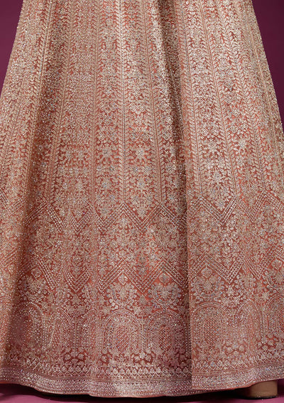 Orange Zariwork (Gold) Net Readymade Anarkali Suit-koskii
