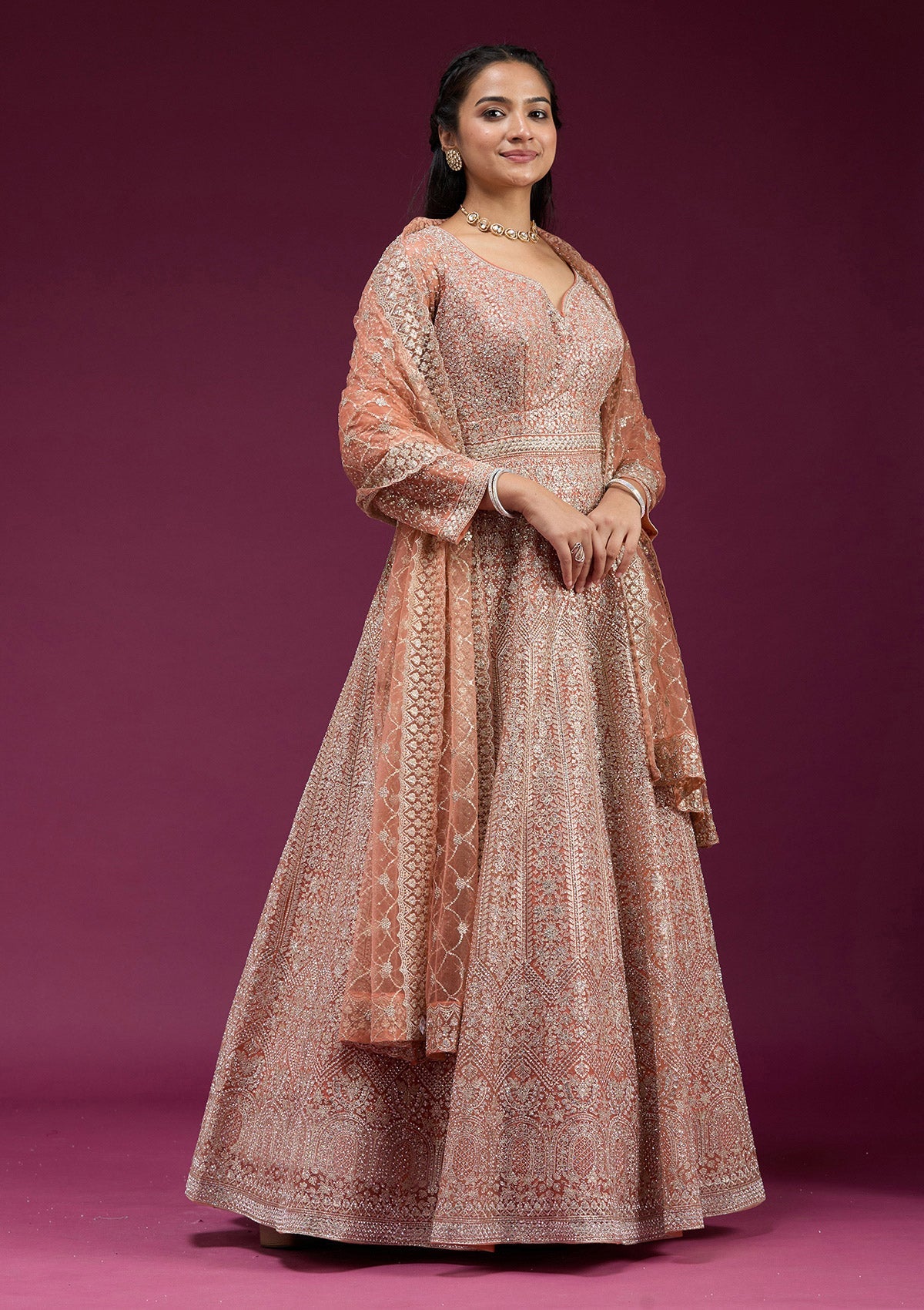 Orange Zariwork (Gold) Net Readymade Anarkali Suit-koskii