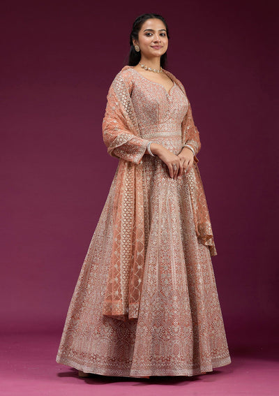Orange Zariwork (Gold) Net Readymade Anarkali Suit-koskii