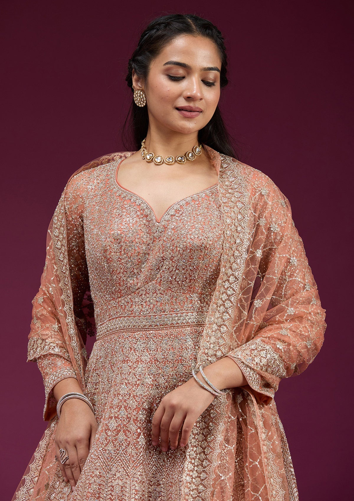 Orange Zariwork (Gold) Net Readymade Anarkali Suit-koskii