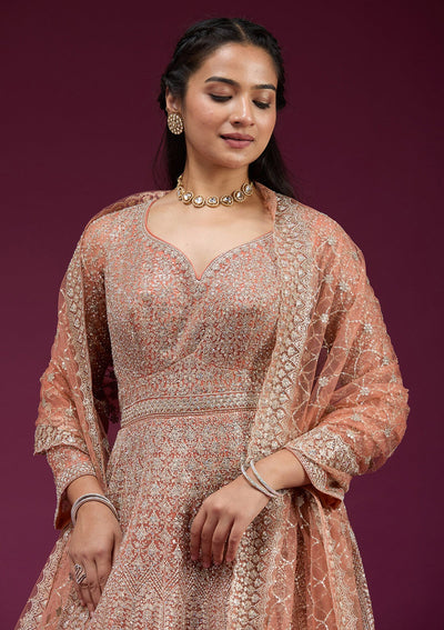 Orange Zariwork (Gold) Net Readymade Anarkali Suit-koskii
