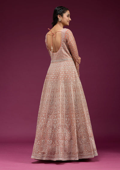 Orange Zariwork (Gold) Net Readymade Anarkali Suit-koskii