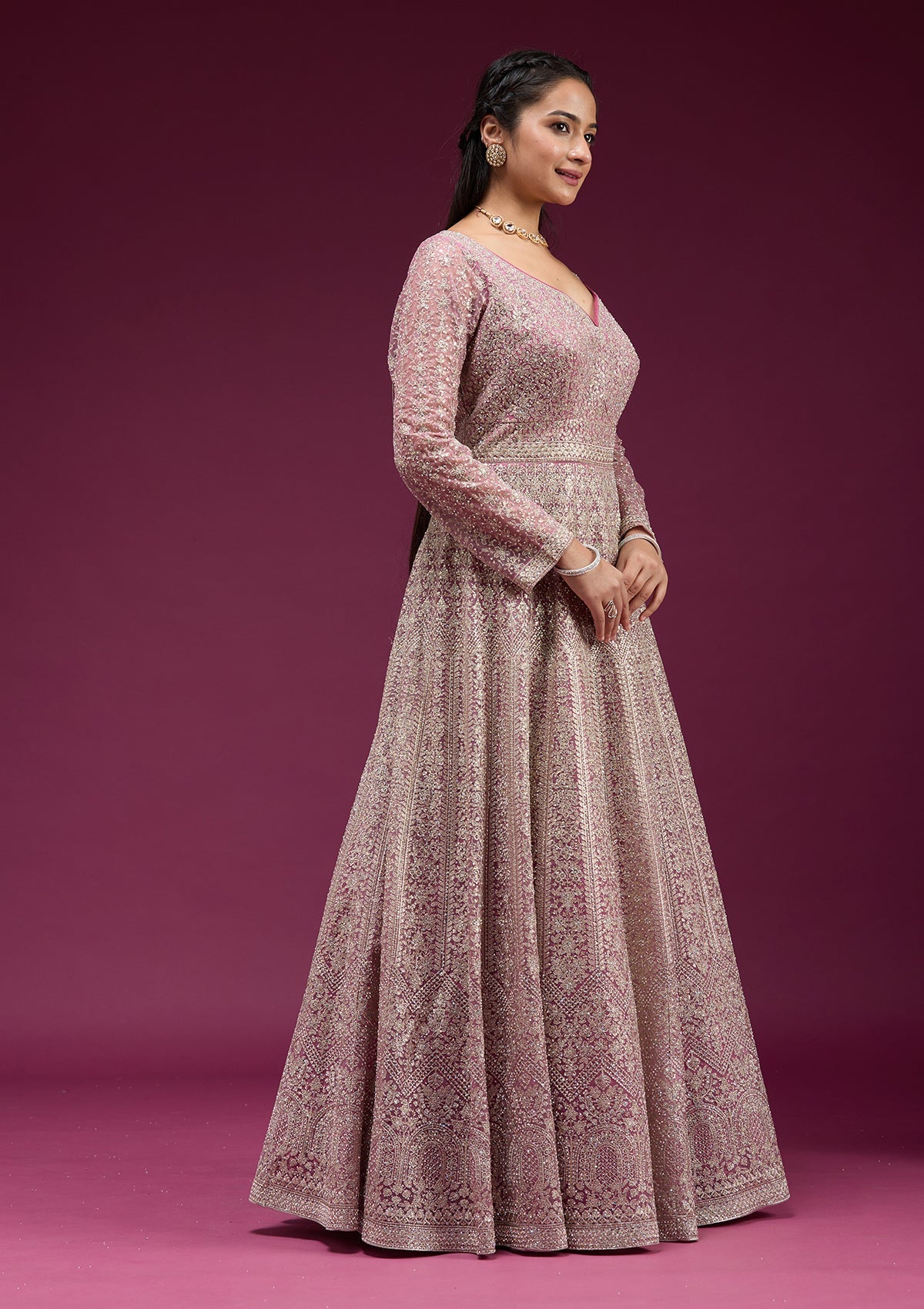 Pink Zariwork (Gold) Net Readymade Anarkali Suit-koskii